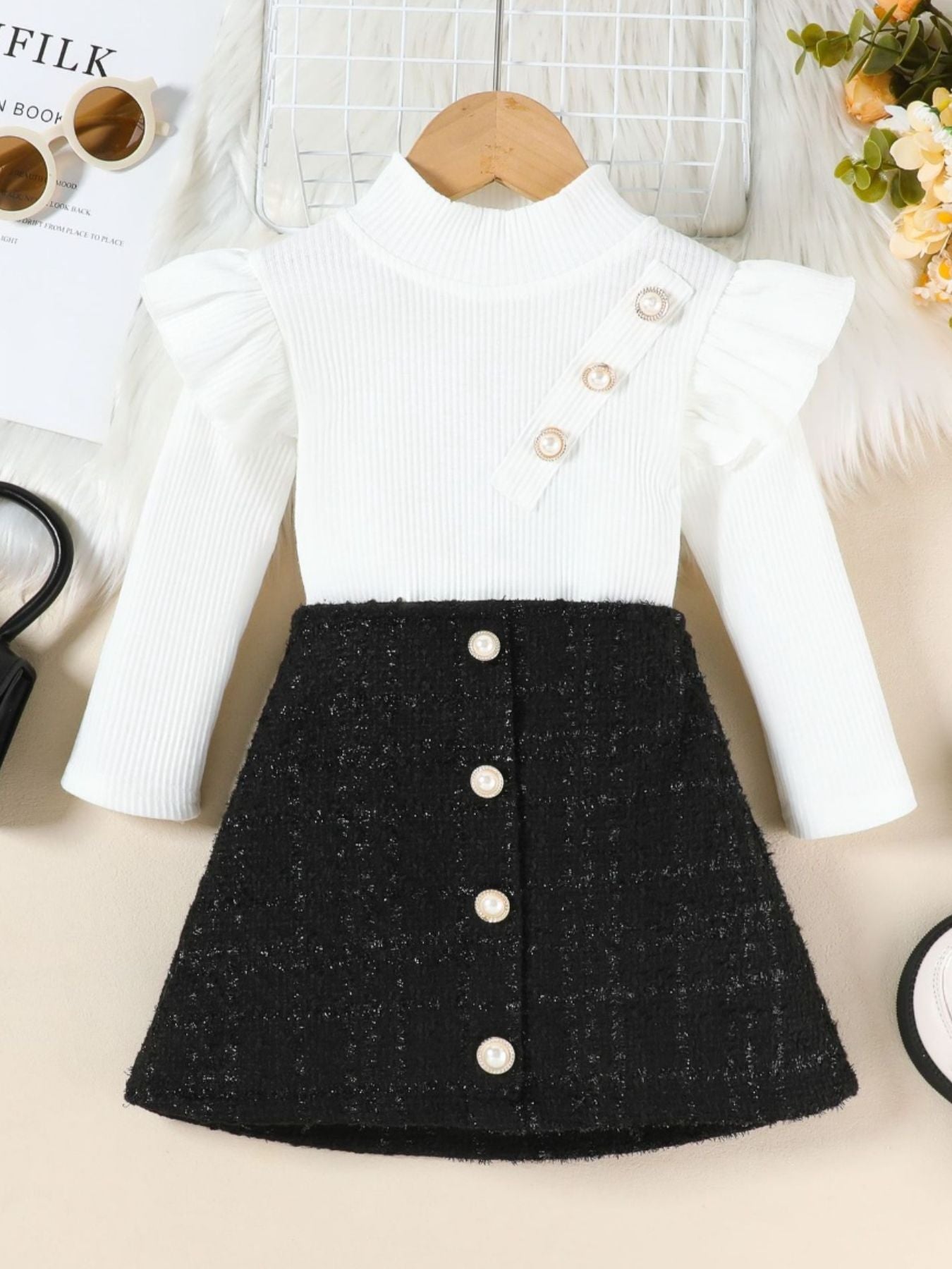 Girls Ruffle Top & Tweed Skirt Set
